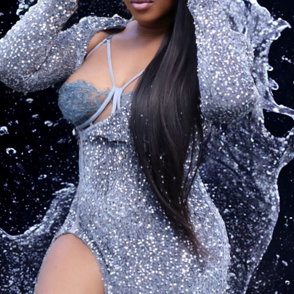 Silver high split sequin dress in size large